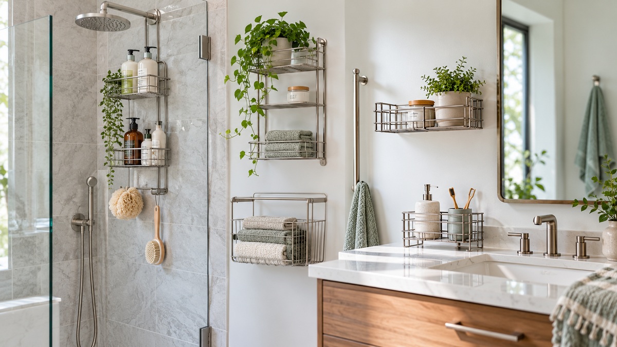 Several metal bathroom caddies provide organized storage in a bright modern bathroom.