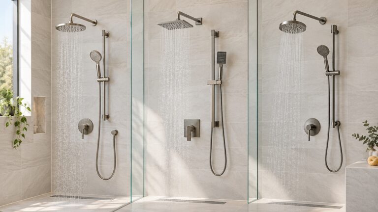 Dual shower heads with adjustable slide bars are compared in a clean tiled shower.