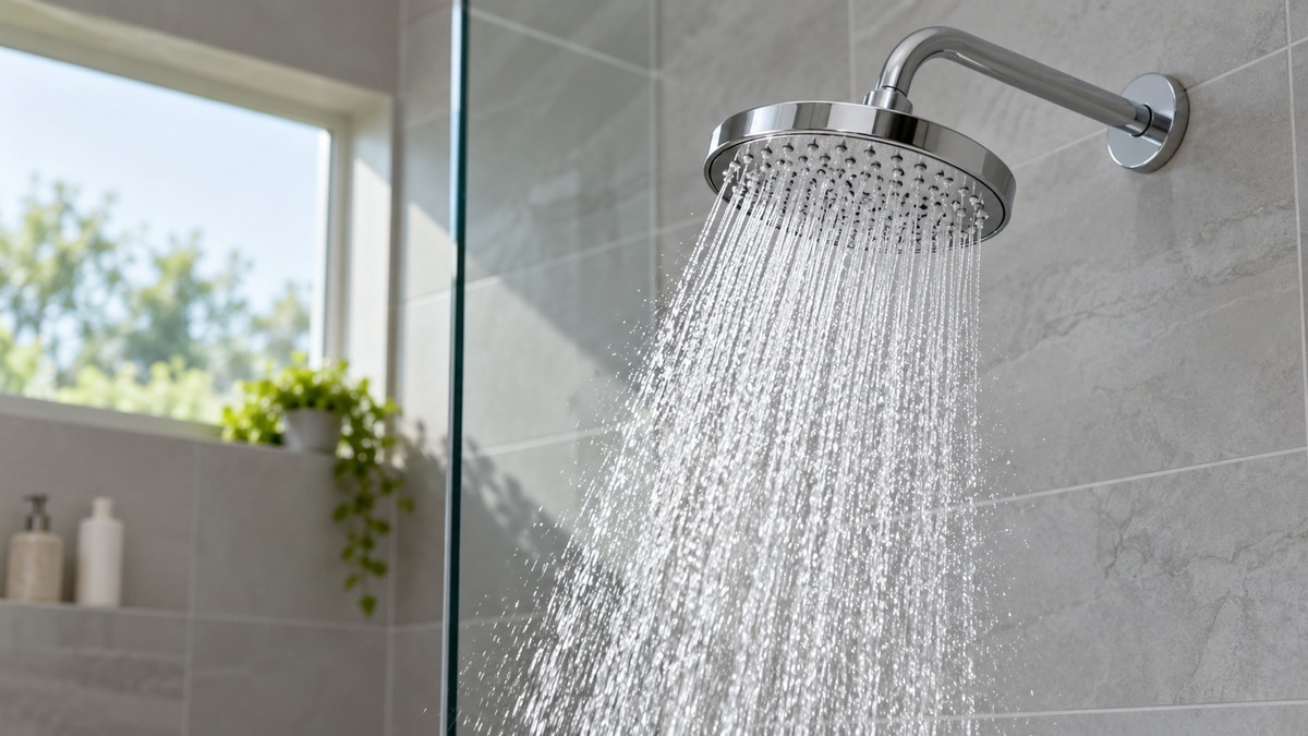A powerful shower head producing a strong clean spray.