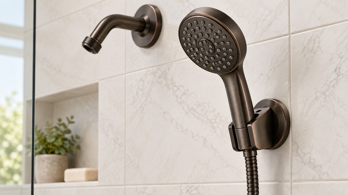 A close-up of an oil rubbed bronze handheld shower head resting in an angled magnetic bracket beside a bathroom shower arm.