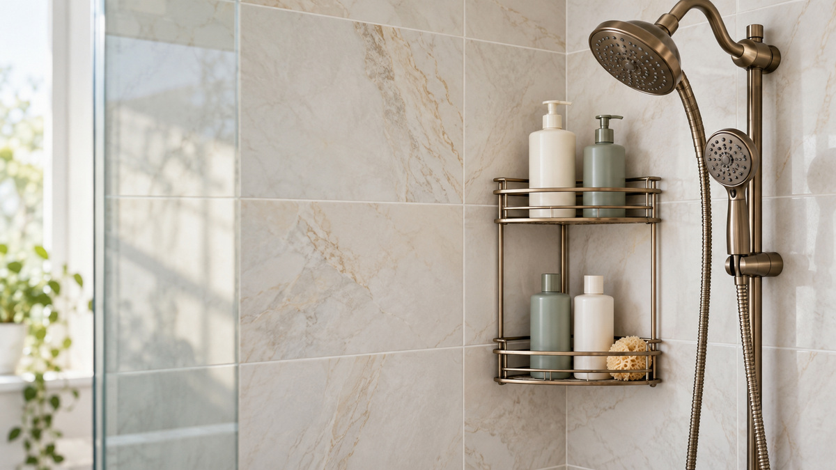 A bronze-finish shower caddy holding shampoo bottles inside a tiled shower corner.