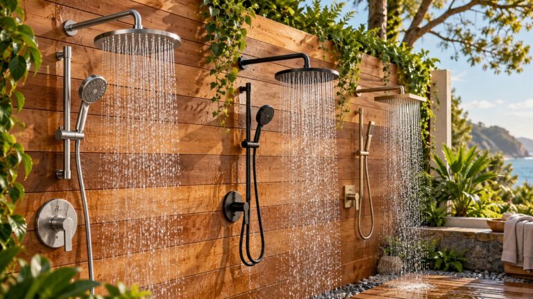 Outdoor shower heads installed on a cedar shower wall