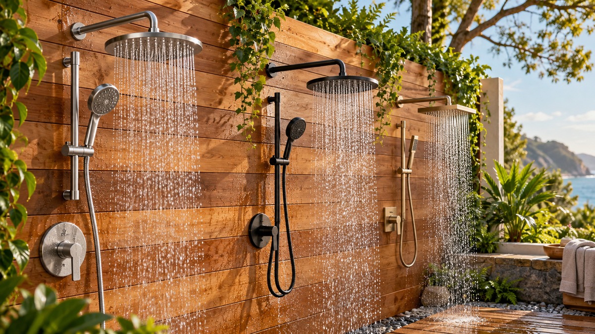 Outdoor shower heads installed on a cedar shower wall