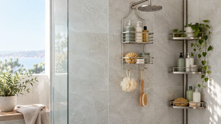 A shower wall with an over-head aluminum caddy holding shampoo bottles next to a corner freestanding caddy.