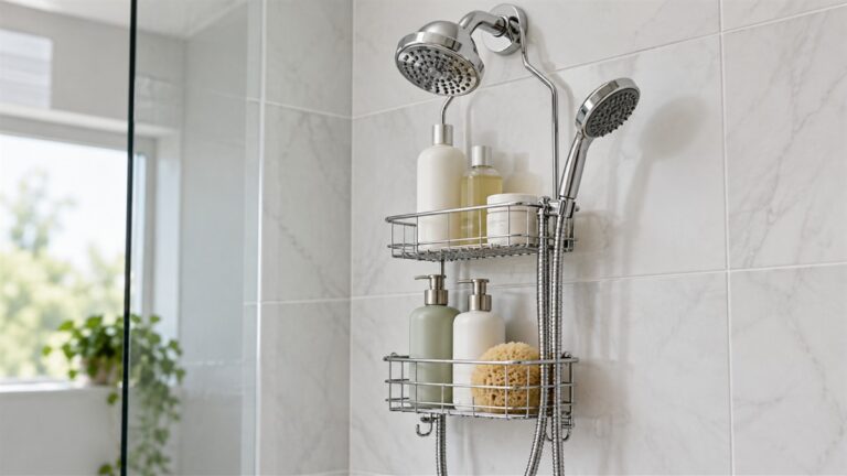 A chrome shower caddy hanging over a shower head with a handheld hose running through the open baskets of the frame.