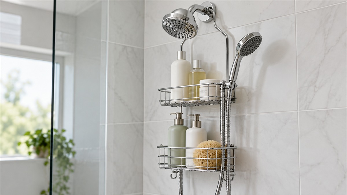 A chrome shower caddy hanging over a shower head with a handheld hose running through the open baskets of the frame.