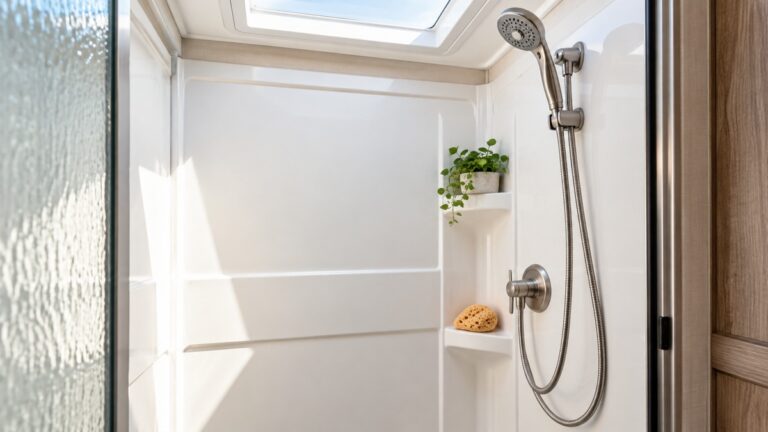 A compact RV shower stall with a handheld shower head on a wall holder and flexible hose.