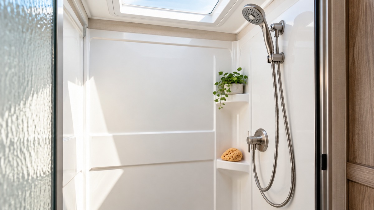 A compact RV shower stall with a handheld shower head on a wall holder and flexible hose.