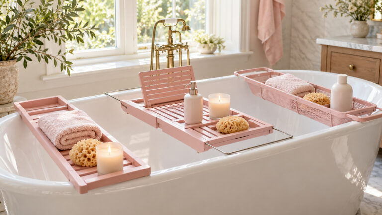 Pink over-tub bath caddies holding simple bathing accessories in a bright bathroom.
