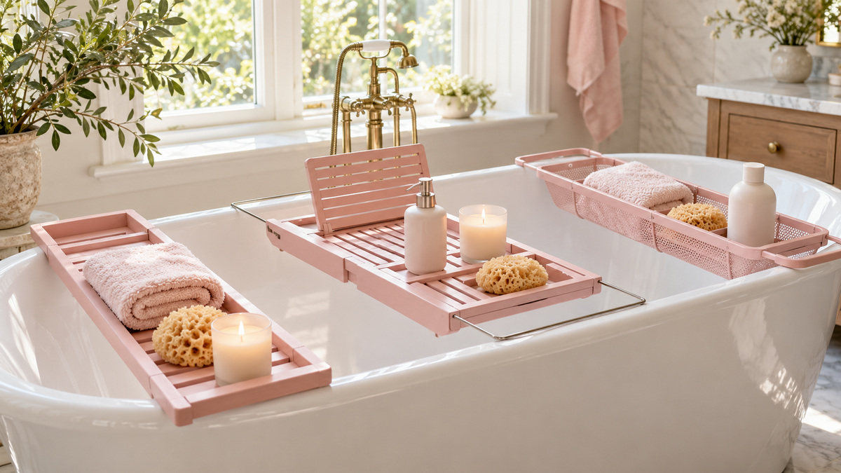Pink over-tub bath caddies holding simple bathing accessories in a bright bathroom.