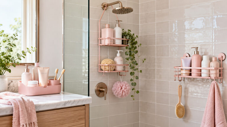 Soft pink bathroom caddies holding plain toiletries in a bright tiled shower.