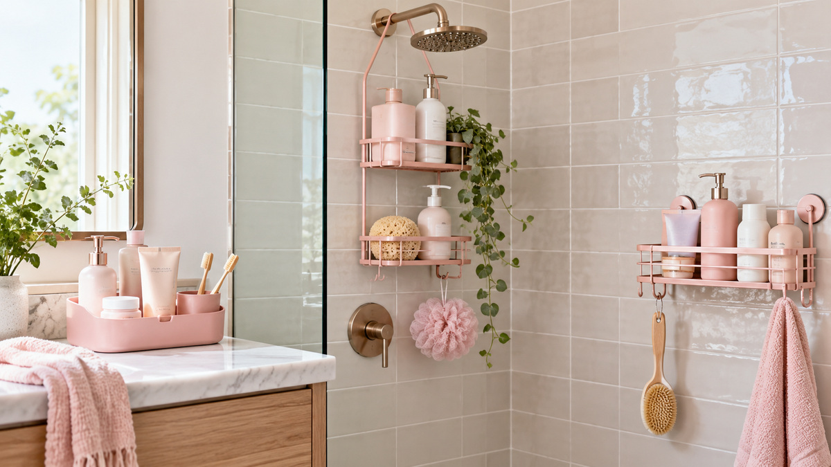Soft pink bathroom caddies holding plain toiletries in a bright tiled shower.