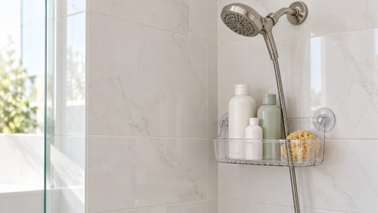 A clear plastic shower caddy with suction cups holding shampoo bottles on smooth shower tile.