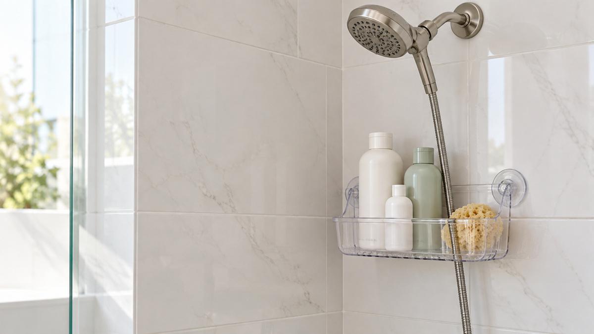 A clear plastic shower caddy with suction cups holding shampoo bottles on smooth shower tile.