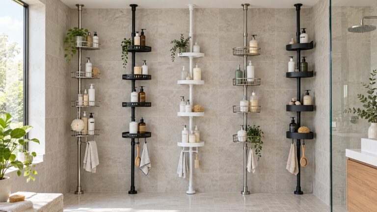 Five tension-pole shower caddies with varied baskets in a bright tiled bathroom.