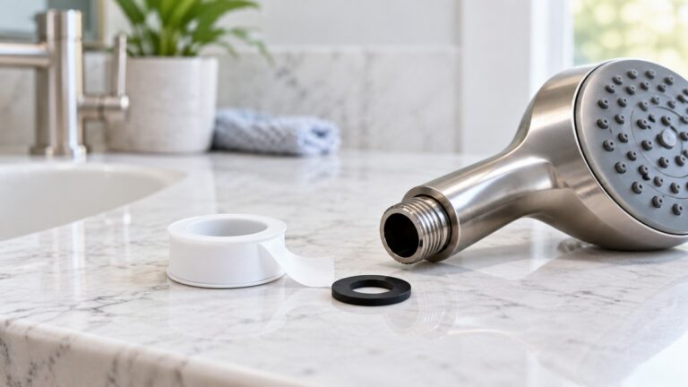 A close view of a shower head connection with thread tape and washer on a bathroom counter.