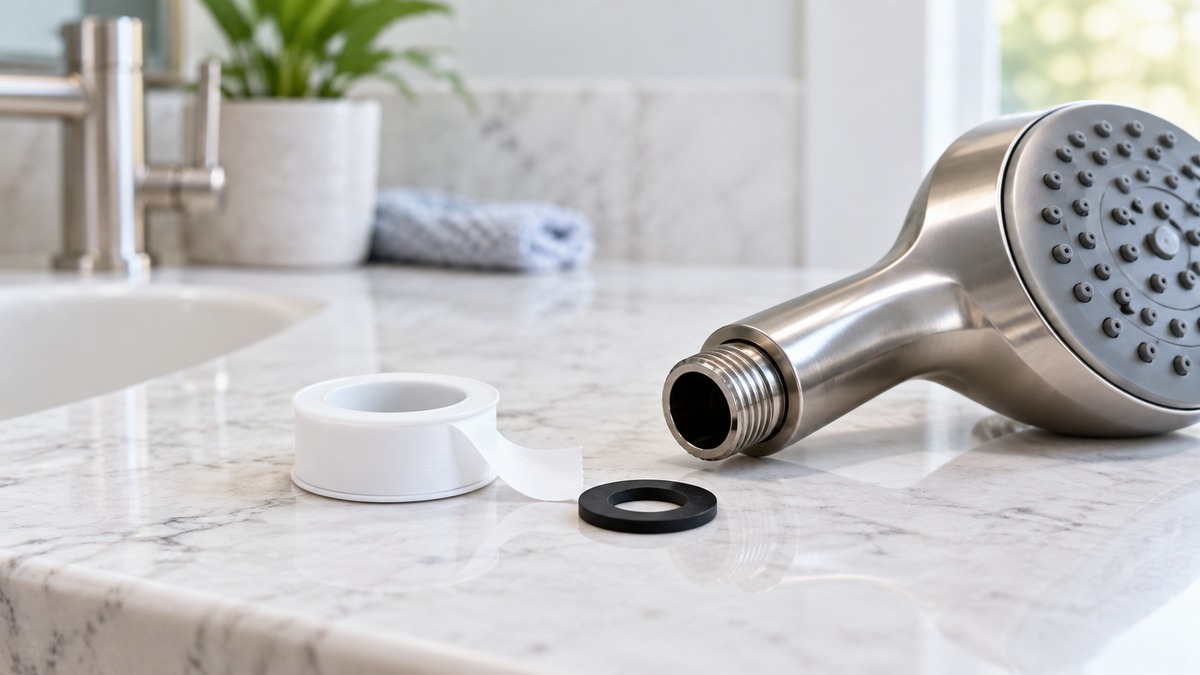 A close view of a shower head connection with thread tape and washer on a bathroom counter.