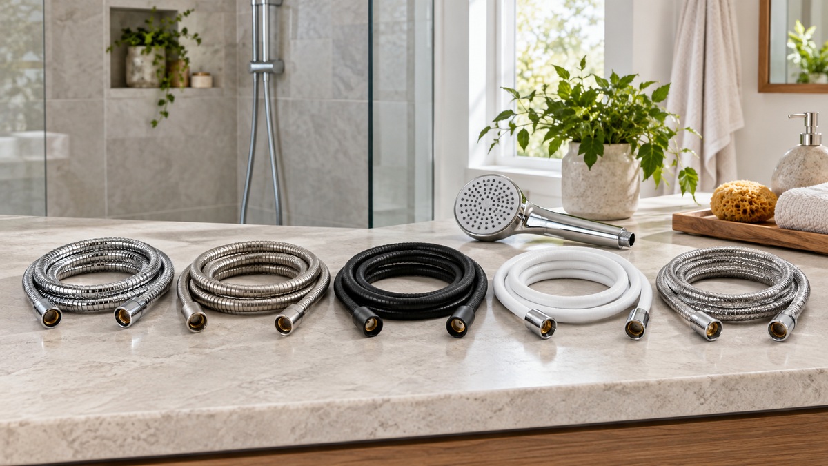 Five generic replacement shower hoses coiled beside a handheld shower head.
