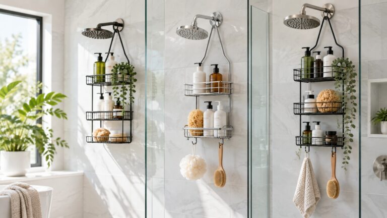 Rust-proof hanging shower caddies in a modern shower.