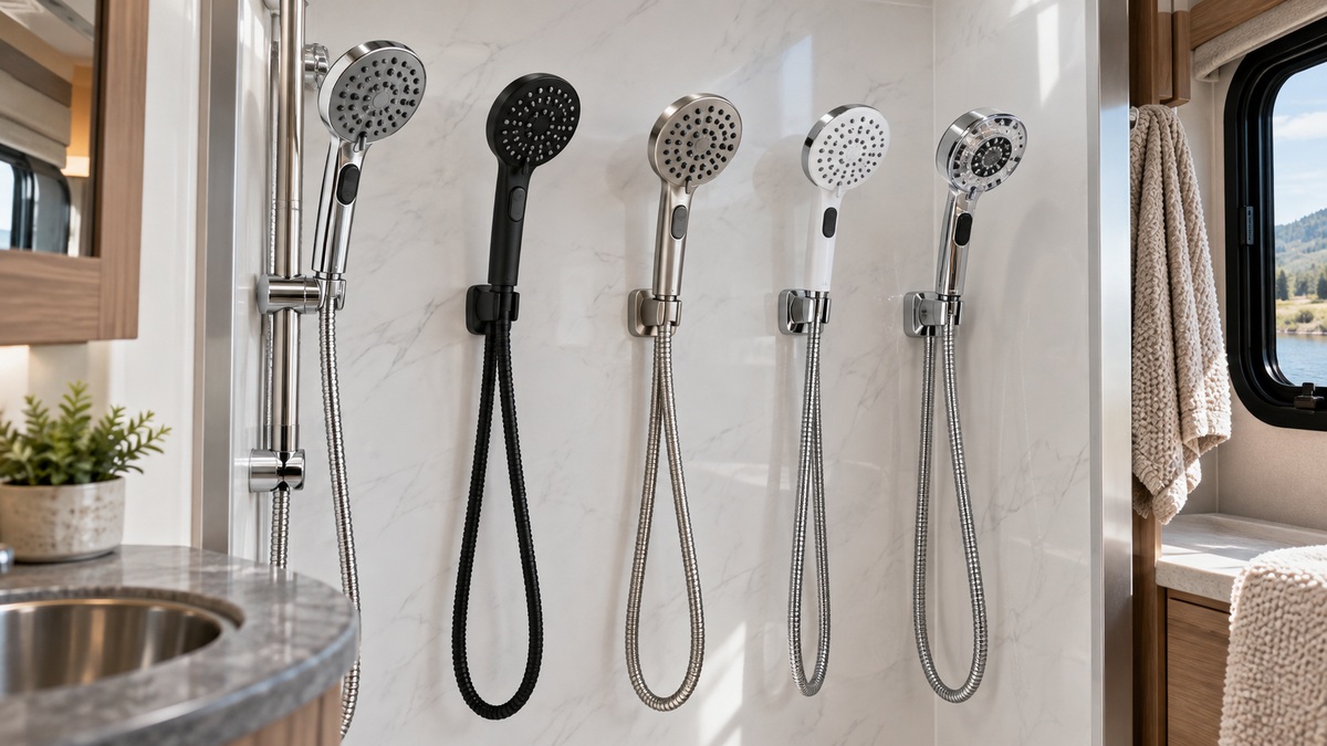 Five handheld RV shower heads with hoses and shutoff switches in a compact bathroom.