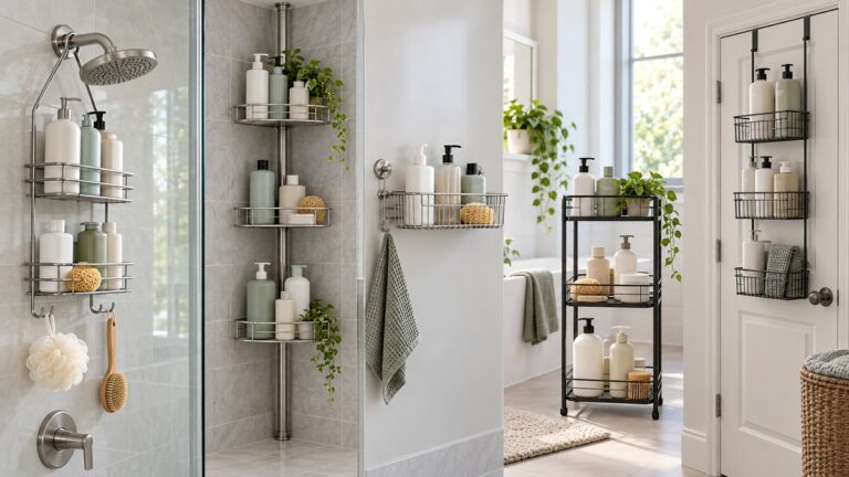 Five shampoo caddy configurations holding plain bottles in a bright bathroom.