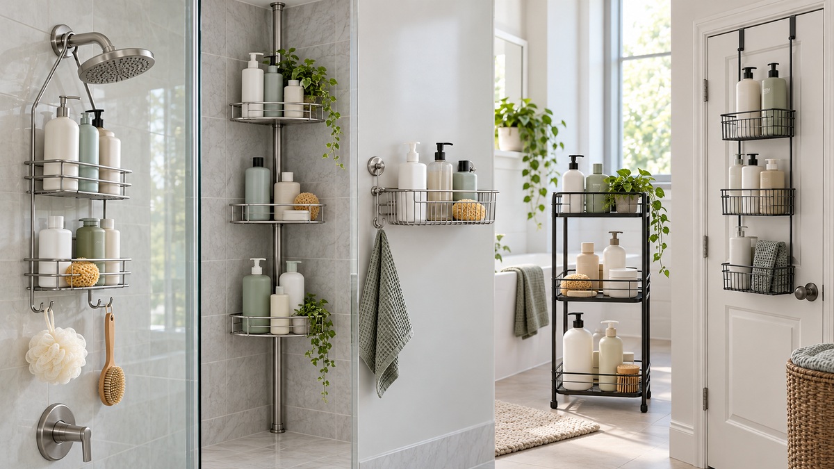 Five shampoo caddy configurations holding plain bottles in a bright bathroom.