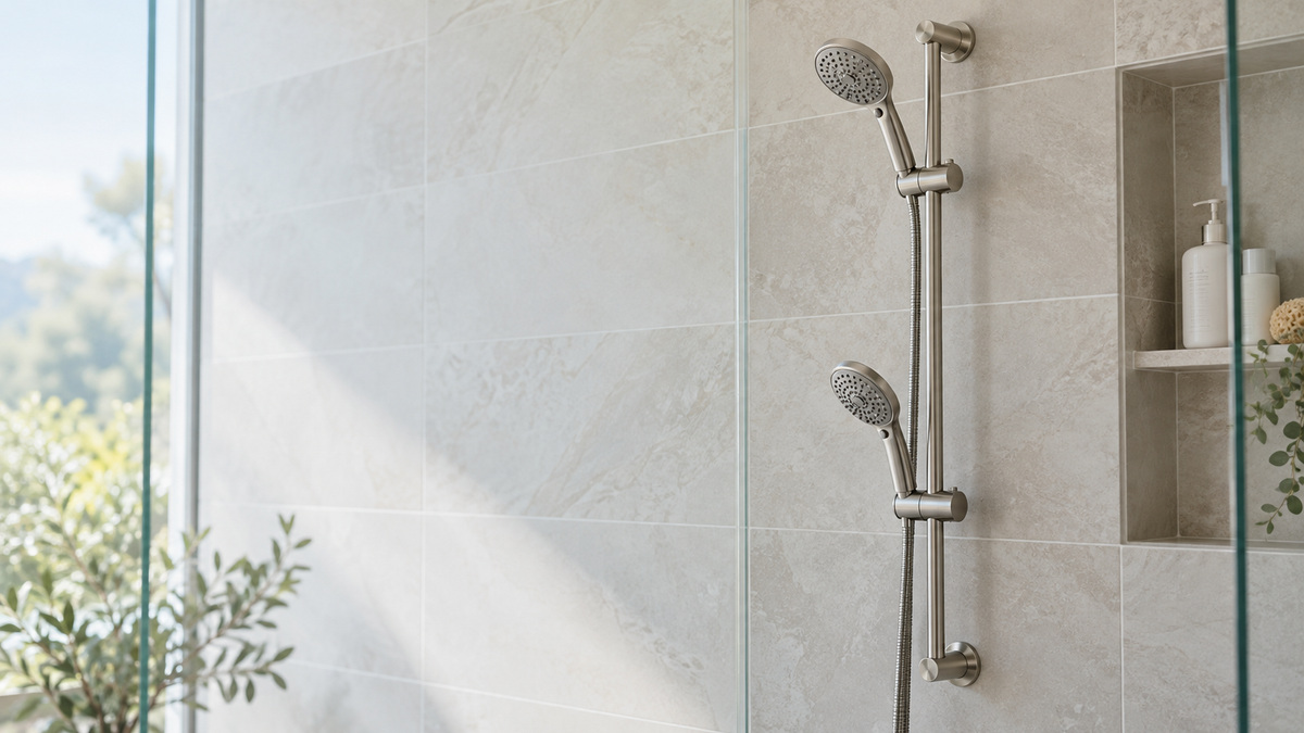 A wall-mounted slide bar with a handheld holder shown at two heights in a tiled shower.