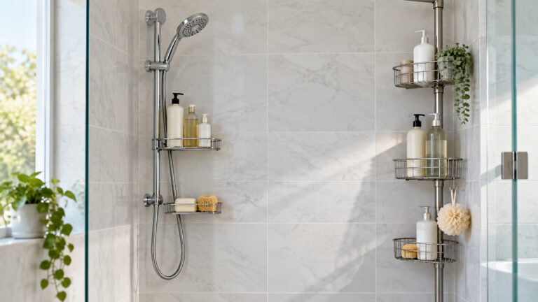 A bright shower interior showing hanging, adhesive and tension-pole caddy styles holding bottles and soap.