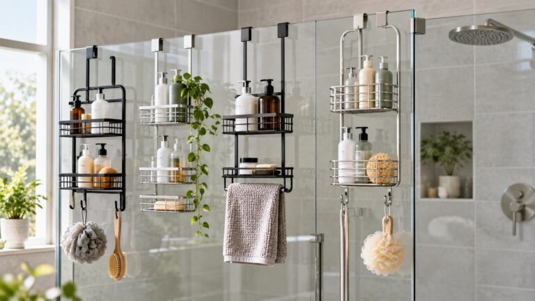 Several shower caddies hanging over glass shower doors in a bright bathroom.