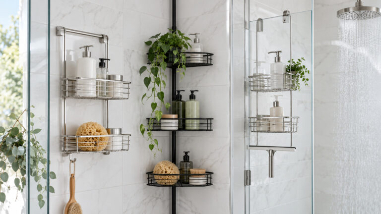 Rust-resistant shower caddies are displayed in a clean bright tiled shower.