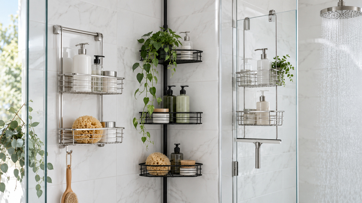 Rust-resistant shower caddies are displayed in a clean bright tiled shower.
