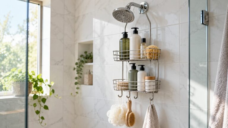 A shower caddy hanging securely from a shower head.
