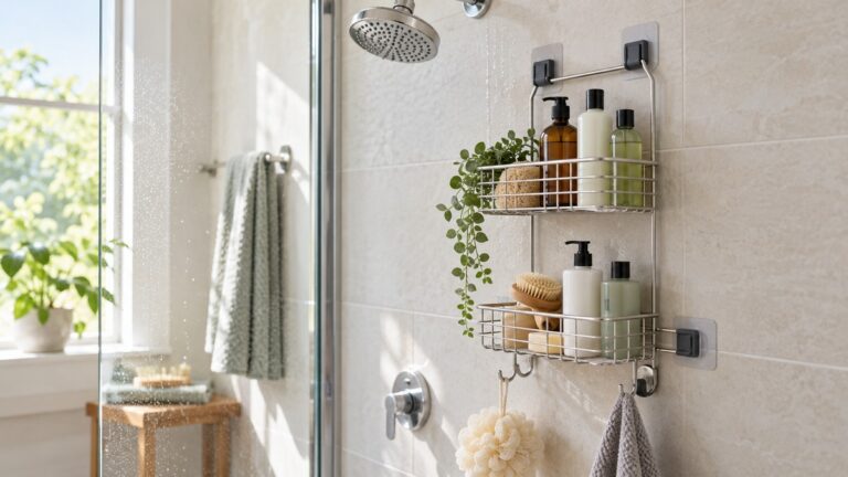 A stabilized hanging shower caddy in a tiled shower.