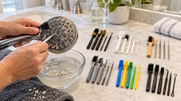 Brush and pick kits used to clean mineral buildup from a shower head