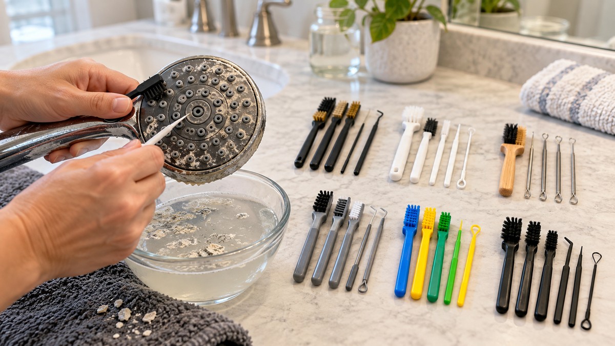 Brush and pick kits used to clean mineral buildup from a shower head