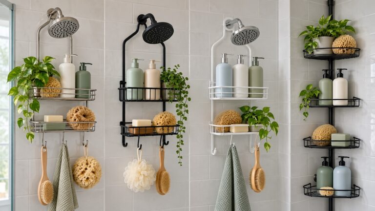 Several shower-head and tension-pole organizers are compared in a clean tiled shower.