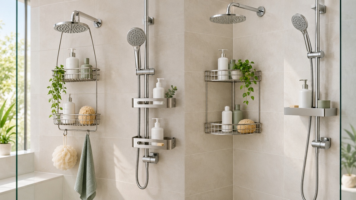 Several shower rack styles are installed around handheld and overhead fixtures in a clean tiled shower.