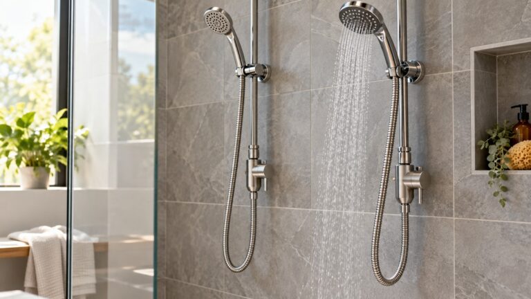 Flexible shower hoses with inline shut-off valves.