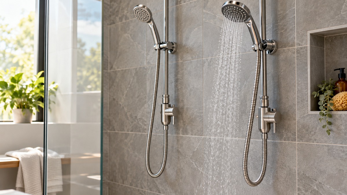 Flexible shower hoses with inline shut-off valves.