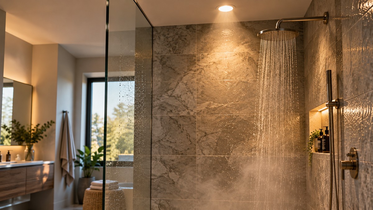 Waterproof recessed light illuminating a modern shower