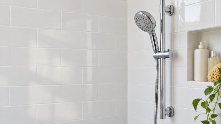 A close view of a chrome slide bar with an adjustable holder and handheld shower in a tiled shower.