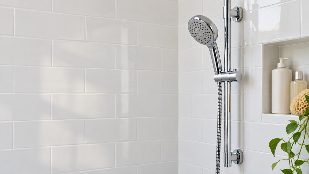 A close view of a chrome slide bar with an adjustable holder and handheld shower in a tiled shower.