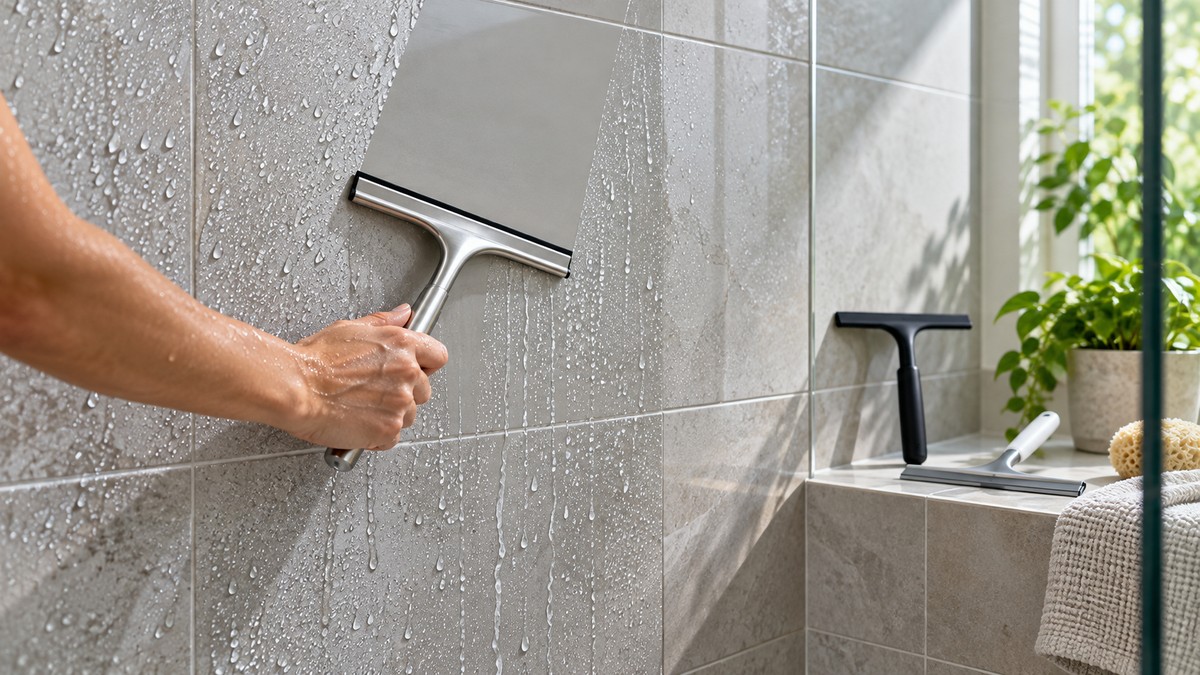 Shower squeegee cleaning water from ceramic tile
