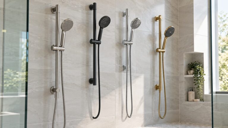 Four adjustable shower wand bars are displayed on a bright tiled wall.