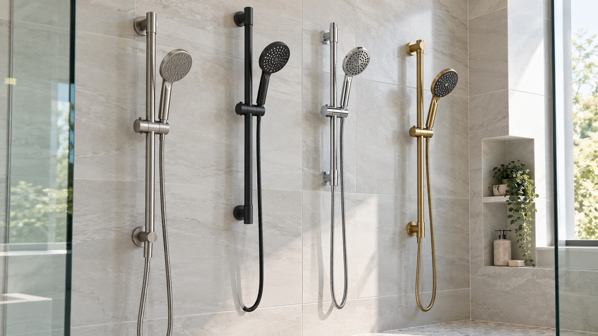 Four adjustable shower wand bars are displayed on a bright tiled wall.