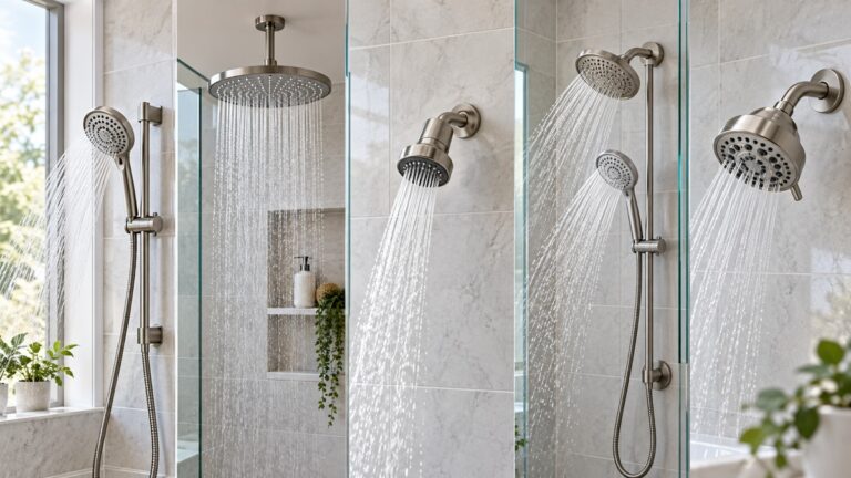 Five showerhead configurations running in a bright tiled bathroom.