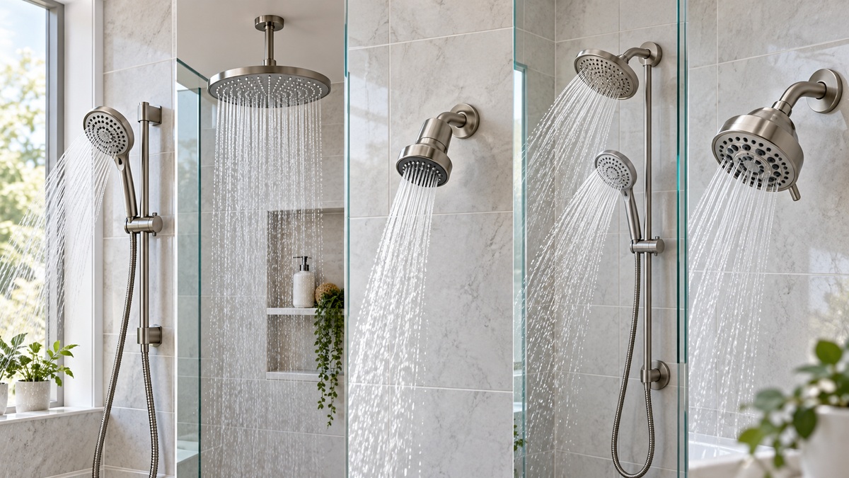 Five showerhead configurations running in a bright tiled bathroom.