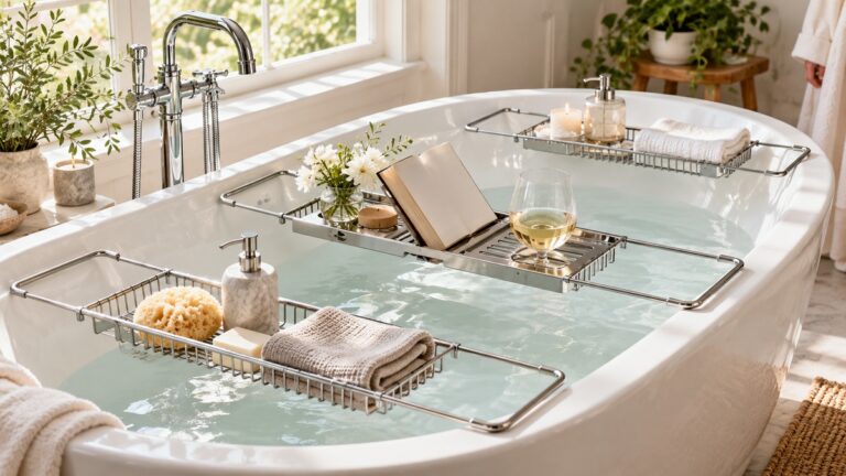 Elegant silver bath caddies across a freestanding bathtub.