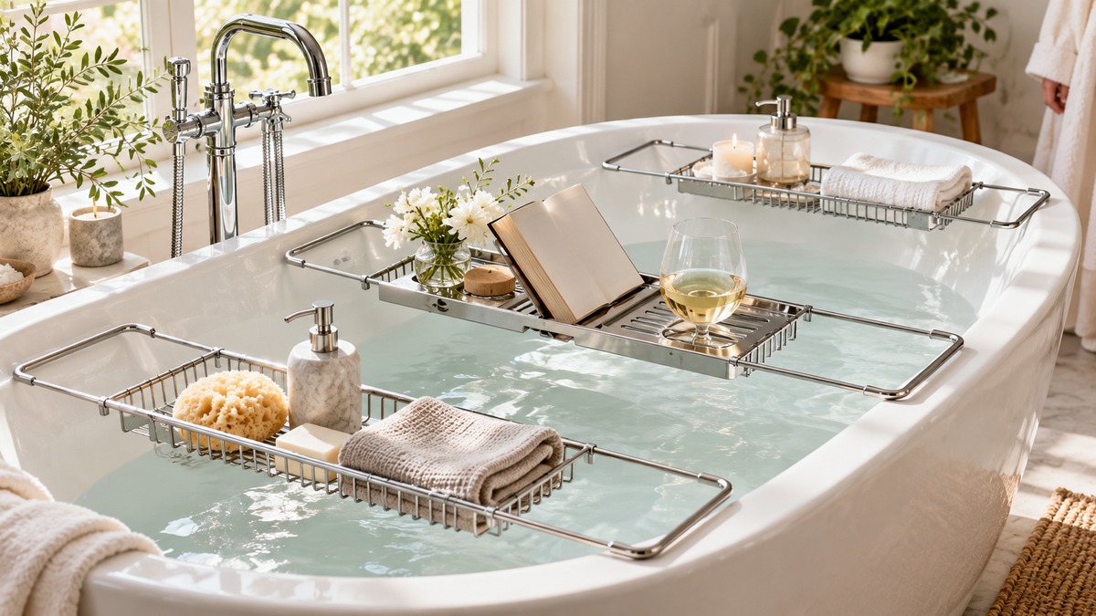 Elegant silver bath caddies across a freestanding bathtub.