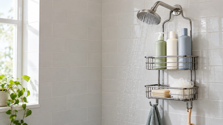 A large adjustable hanging shower caddy holding tall shampoo bottles over a shower head in a bright tiled shower.